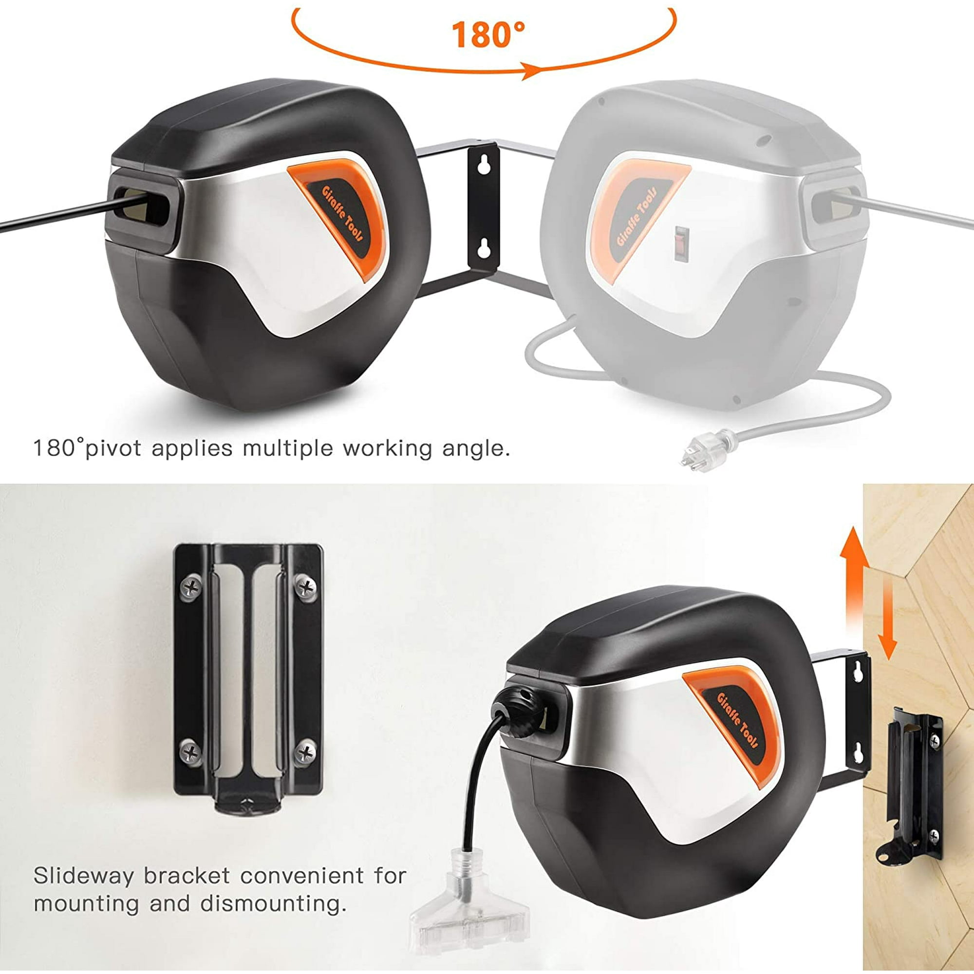 Giraffe Retractable Extension Cord Reel 50ft 14/3AWG SJTOW Heavy Duty Power Cord Storage Reel Wall/Ceiling Mount with Lighted Triple Tap Outlet Giraffe Retractable Extension Cord Reel 50ft 14/3AWG SJTOW Heavy Duty Power Cord Storage Reel Wall/Ceiling Mount with Lighted Triple Tap Outlet